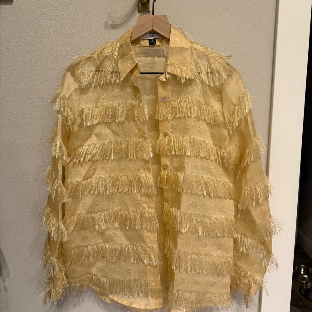 Bill Hallman ATL gold fringe button up shirt Size S